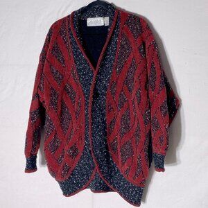 Vintage 90s Gil Aimbez Red & Dark Grey Oversized Cardigan L